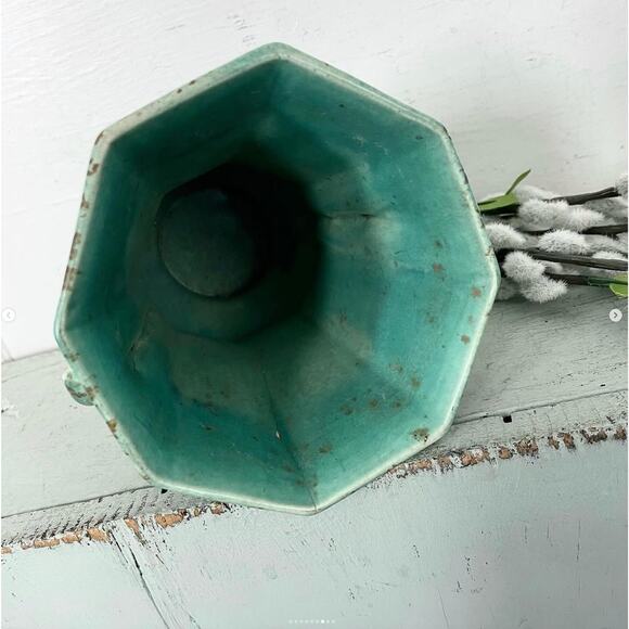 Vintage Rumrill 635 Vase Scrolls Green Teal Mottled Brown 1930s Art Deco Pottery - Picture 7 of 9